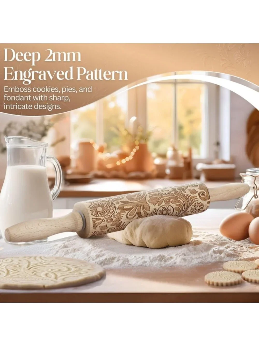 Engraved Wooden Rolling Pin with Snowflake & Flower Patterns for Baking Pastry